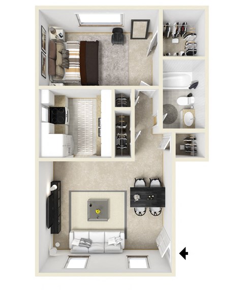 Floor plan for 1 bed, 1 bath, 650 sqft